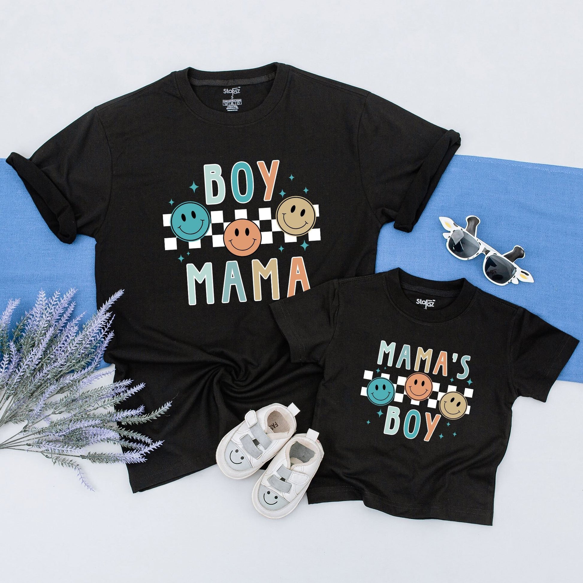 Mommy Son Matching Happy Face Shirt Onesie Set Retro Boy Mama Mamas Boy Cheerful Checkered Emoji Starburst New Mom Gift Mother's Day Baby