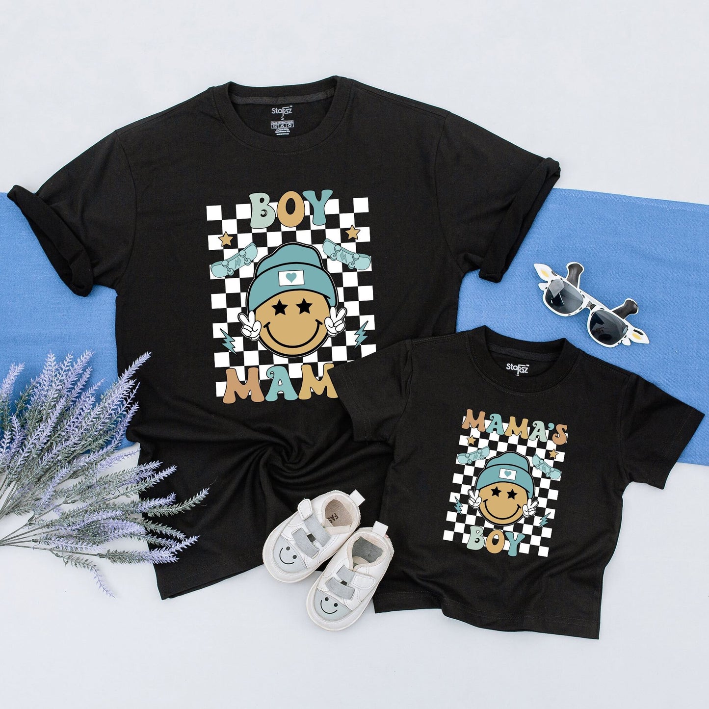 Retro Happy Face Mama and Son Matching Shirts Black White Checkered Background Teal Skateboard Accents Vintage BOY Outfit Gift