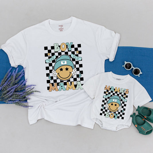 Retro Happy Face Mama and Son Matching Shirts Black White Checkered Background Teal Skateboard Accents Vintage BOY Outfit Gift