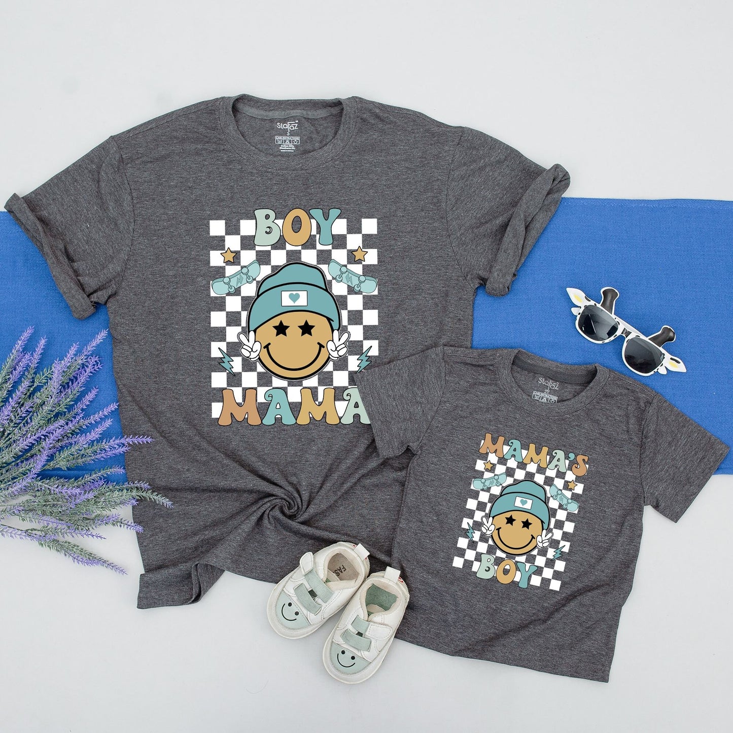 Retro Happy Face Mama and Son Matching Shirts Black White Checkered Background Teal Skateboard Accents Vintage BOY Outfit Gift