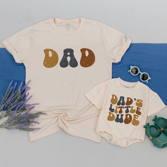 Retro Dad and Son Matching Shirts Dad's Little Dude Father's Day Gift for New Dads Vintage Tan Gray Brown Design Comfy Baby Bodysuit