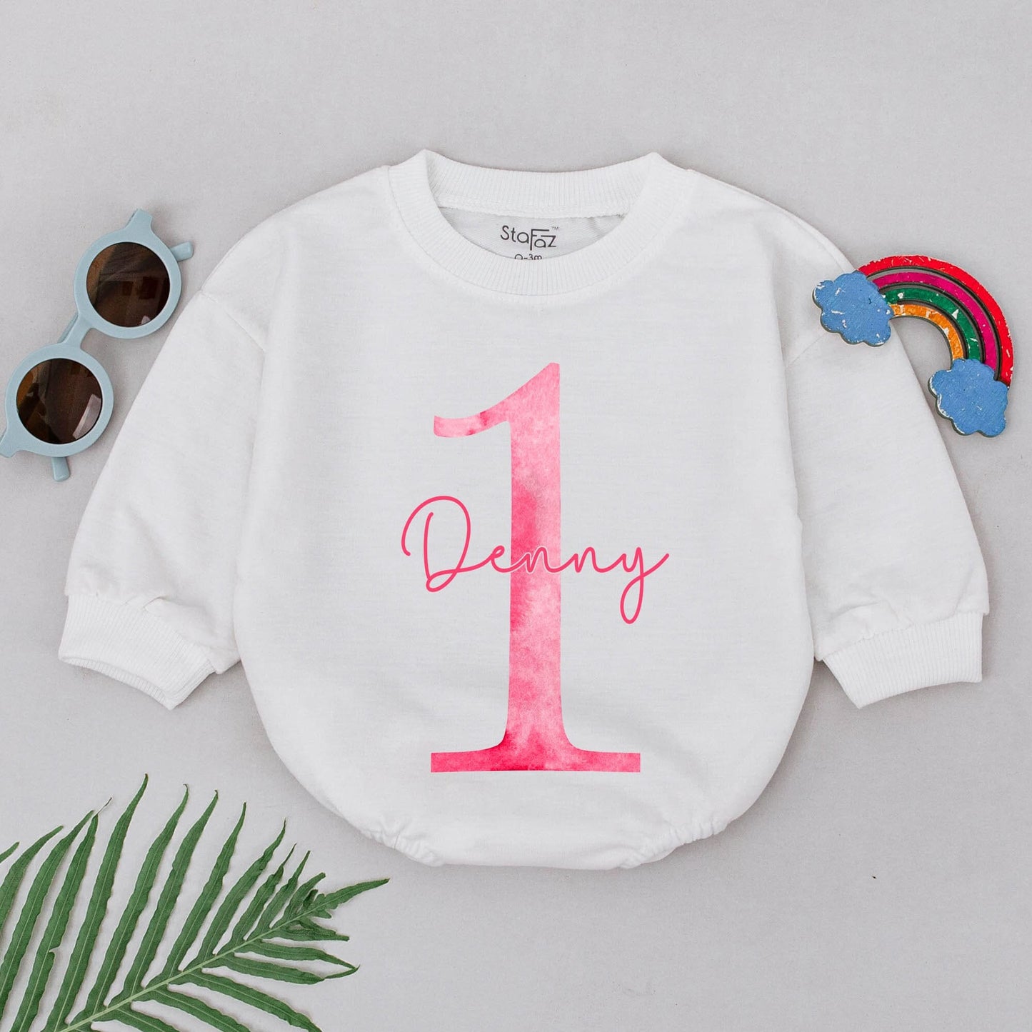Personalized Pink Watercolor First Birthday Romper Girl Baby Outfit Custom Name 1st Celebration Bodysuit Soft Bubble Gift
