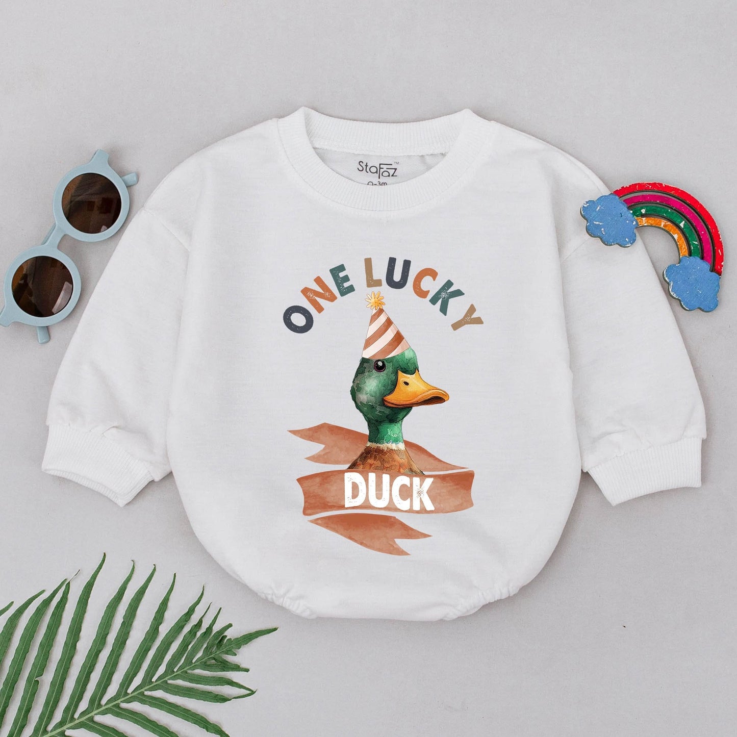 One Lucky Duck First Birthday Romper Wild One Baby Boy Outfit Jungle Zoo Animal Theme Celebration Bodysuit with Party Hat Design