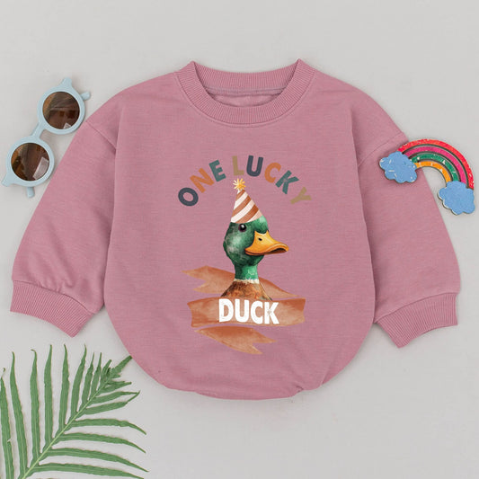 One Lucky Duck First Birthday Romper Wild One Baby Boy Outfit Jungle Zoo Animal Theme Celebration Bodysuit with Party Hat Design