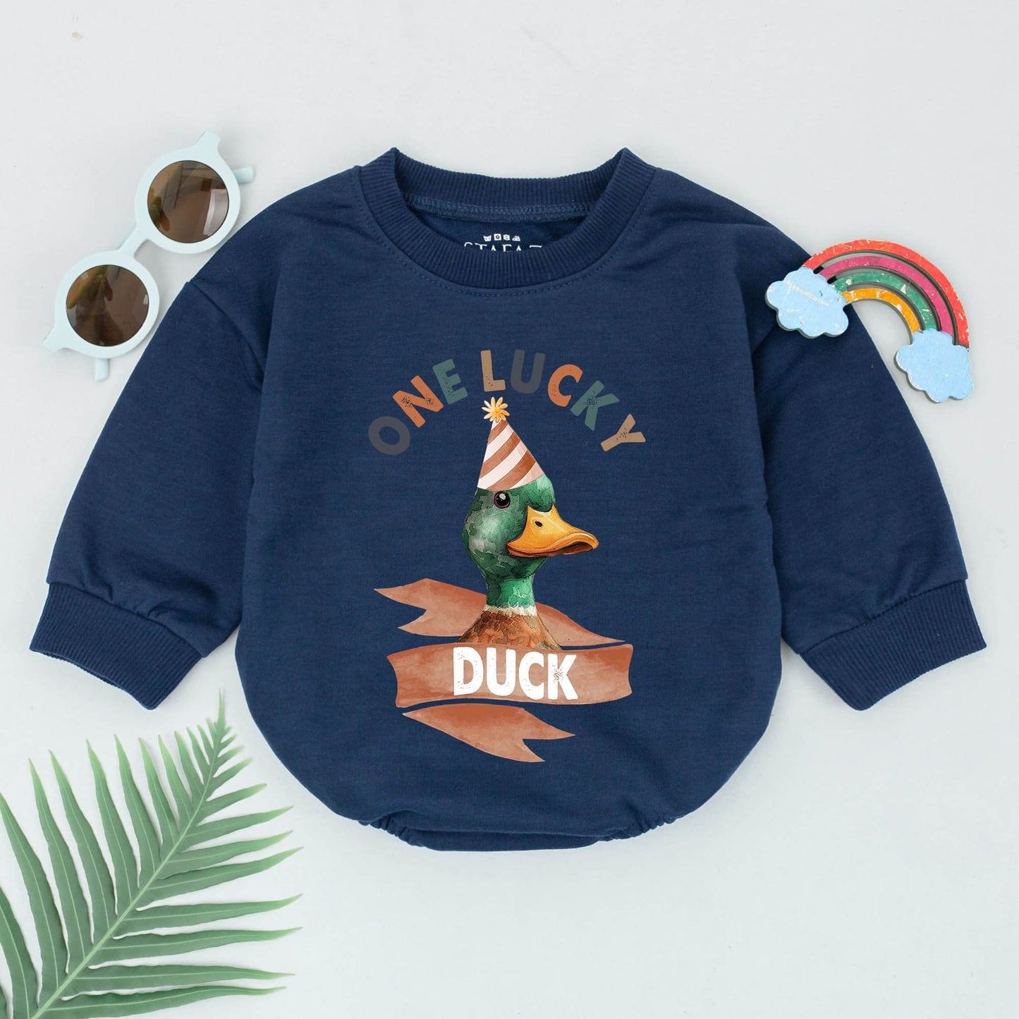 One Lucky Duck First Birthday Romper Wild One Baby Boy Outfit Jungle Zoo Animal Theme Celebration Bodysuit with Party Hat Design