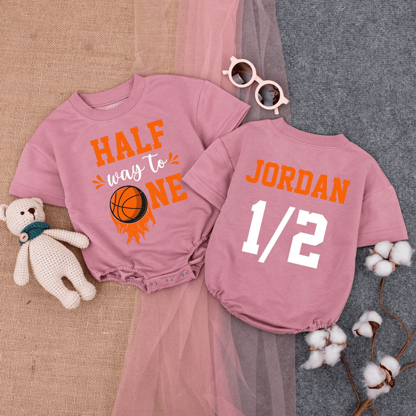 Personalized Half Birthday Basketball Romper Outfit for Infant Boy featuring Playful 'HALF way to ONE' Orange Black Design comfortable