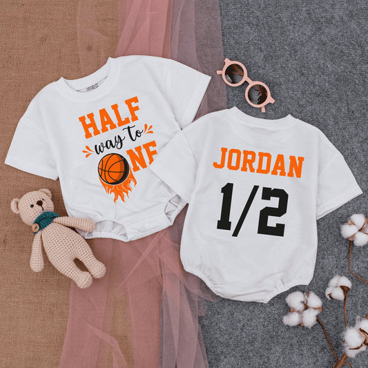 Personalized Half Birthday Basketball Romper Outfit for Infant Boy featuring Playful 'HALF way to ONE' Orange Black Design comfortable