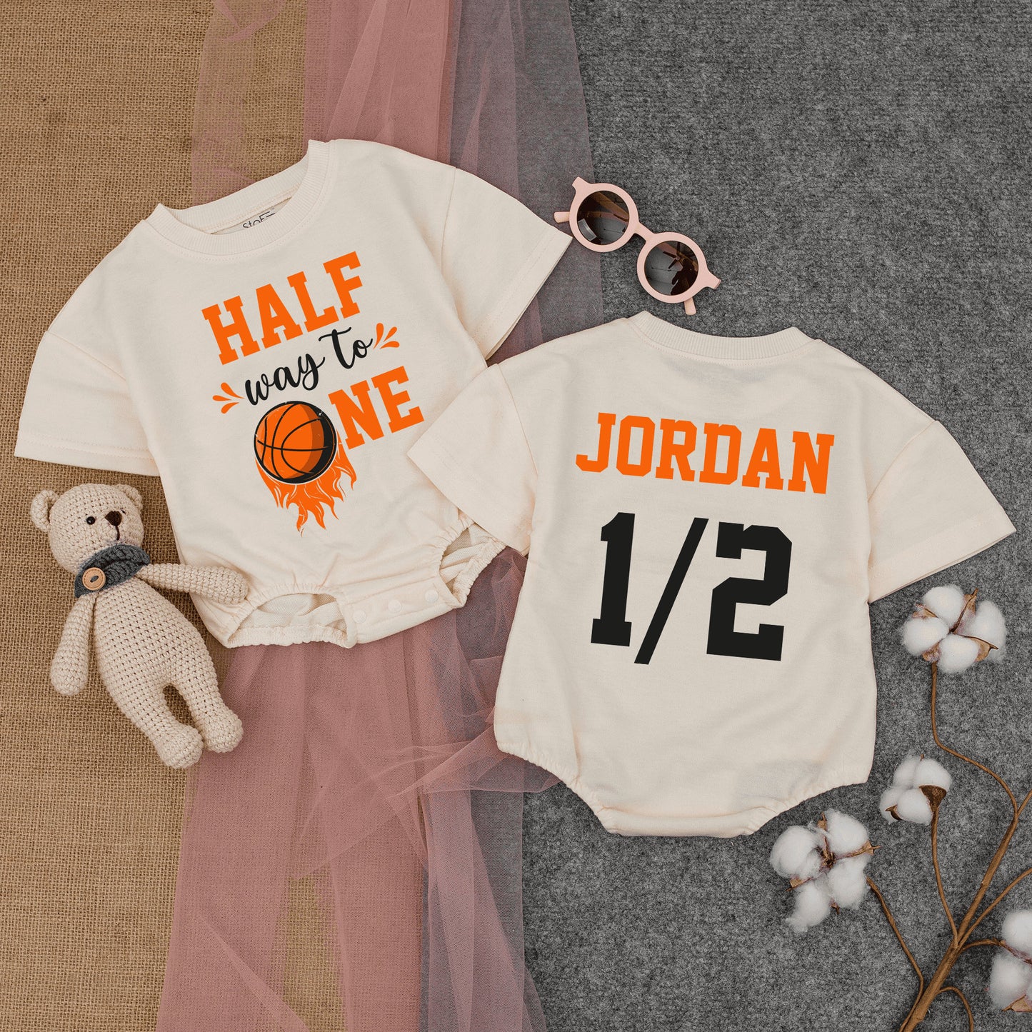 Personalized Half Birthday Basketball Romper Outfit for Infant Boy featuring Playful 'HALF way to ONE' Orange Black Design comfortable