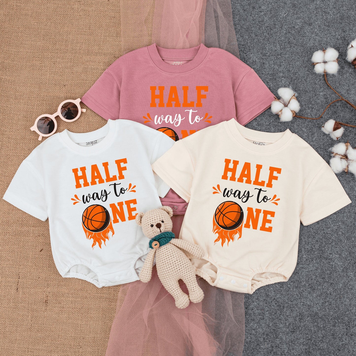 Personalized Half Birthday Basketball Romper Outfit for Infant Boy featuring Playful 'HALF way to ONE' Orange Black Design comfortable