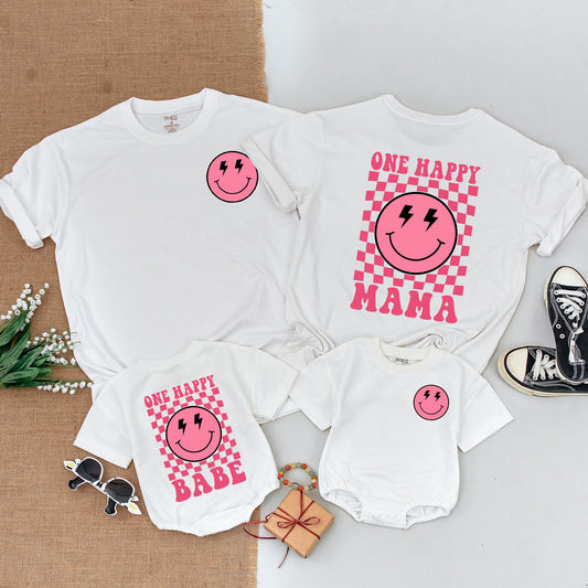 Pink Smiley Face One Happy Babe 1st Birthday Shirts Matching Family Outfits Retro Checkered Mommy and Me Baby Bodysuits Toddler Tees