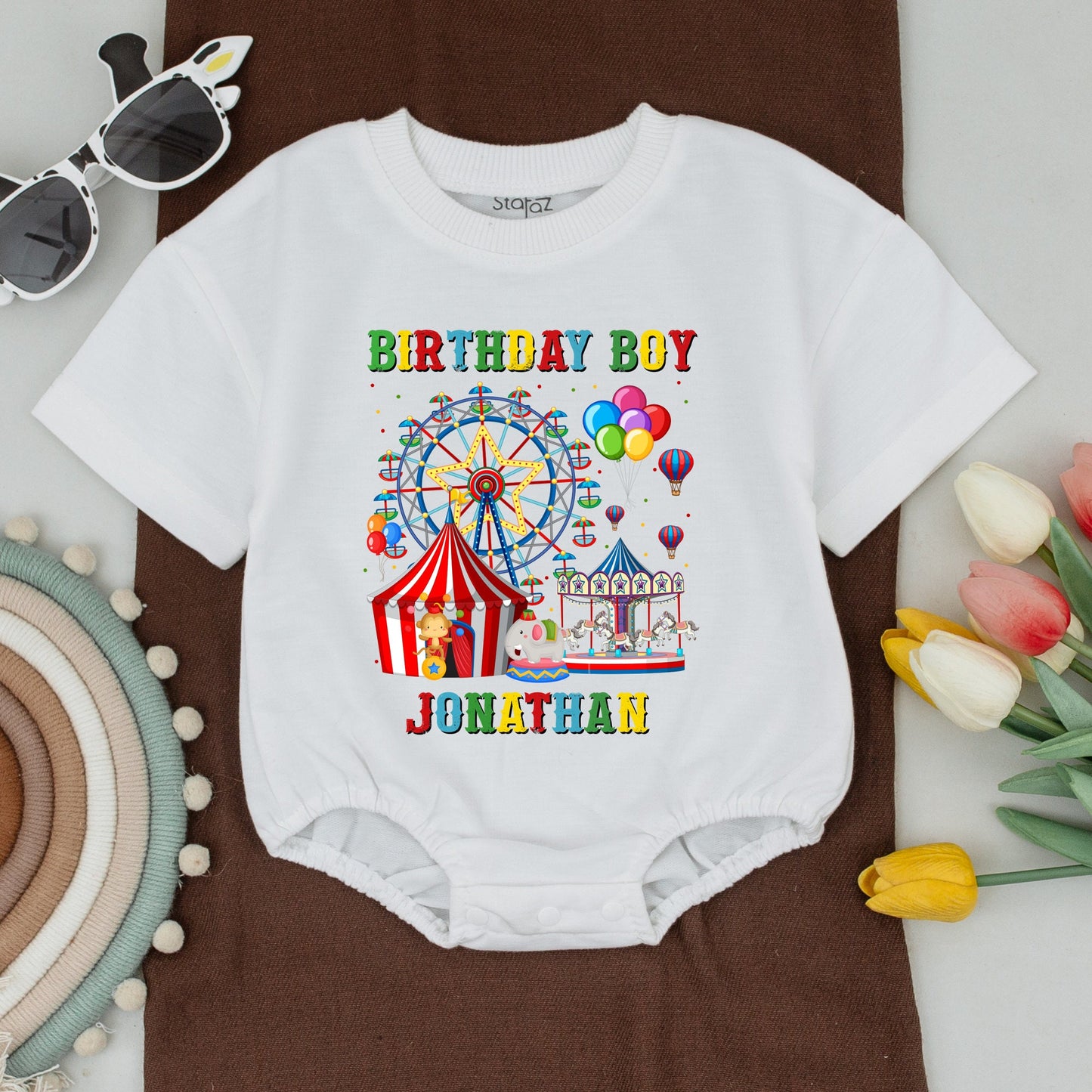 Personalized Carnival Family Birthday Shirts Mommy Daddy Sister 1st Birthday Boy Whimsical Circus Tent Balloons Ferris Wheel Bodysuit Crew Outfit