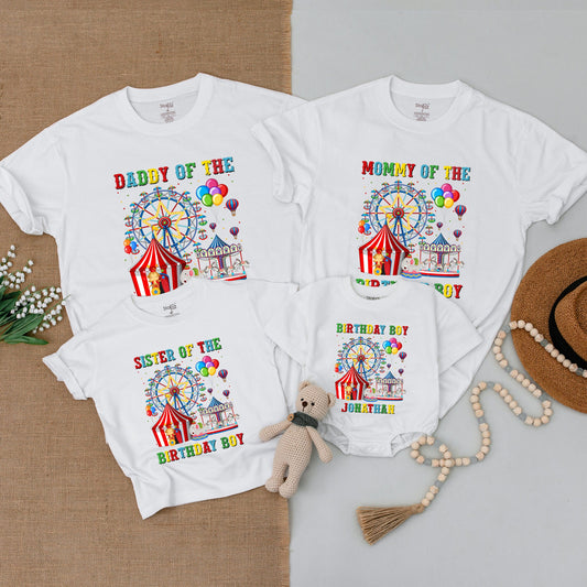Personalized Carnival Family Birthday Shirts Mommy Daddy Sister 1st Birthday Boy Whimsical Circus Tent Balloons Ferris Wheel Bodysuit Crew Outfit