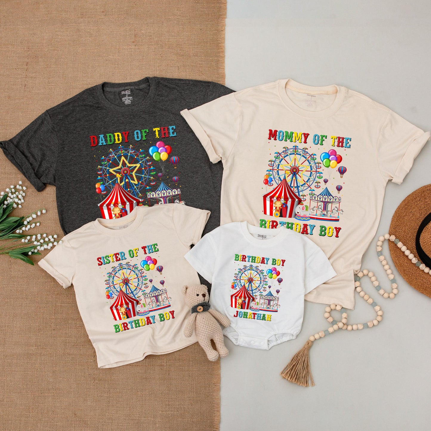 Personalized Carnival Family Birthday Shirts Mommy Daddy Sister 1st Birthday Boy Whimsical Circus Tent Balloons Ferris Wheel Bodysuit Crew Outfit