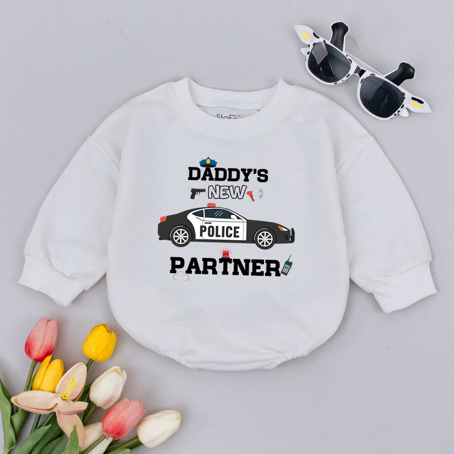 Daddy's New Partner Baby Romper: Future Policeman Outfit, Police Car Design, Father's Day Gift, Playful Cop Graphics, Cute & Comfy 100% Cotton, Black/Red/White