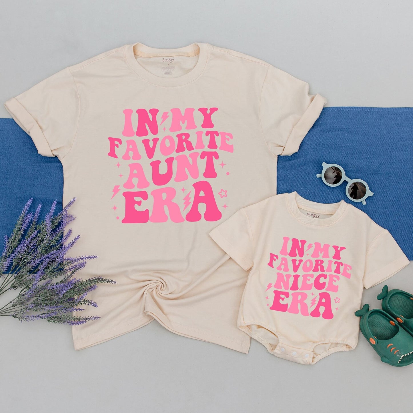 Personalized Matching Aunt Niece Shirts In My Favorite Era Retro Pink Bubble Lettering Whimsical Stars Lightning Bolt Design Bestie Gift for Aunt