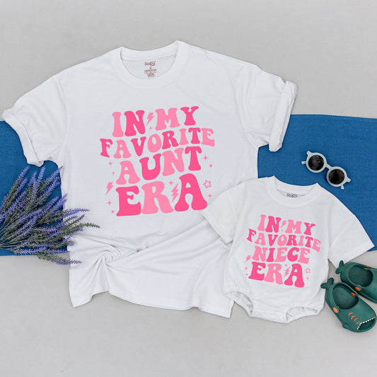 Personalized Matching Aunt Niece Shirts In My Favorite Era Retro Pink Bubble Lettering Whimsical Stars Lightning Bolt Design Bestie Gift for Aunt