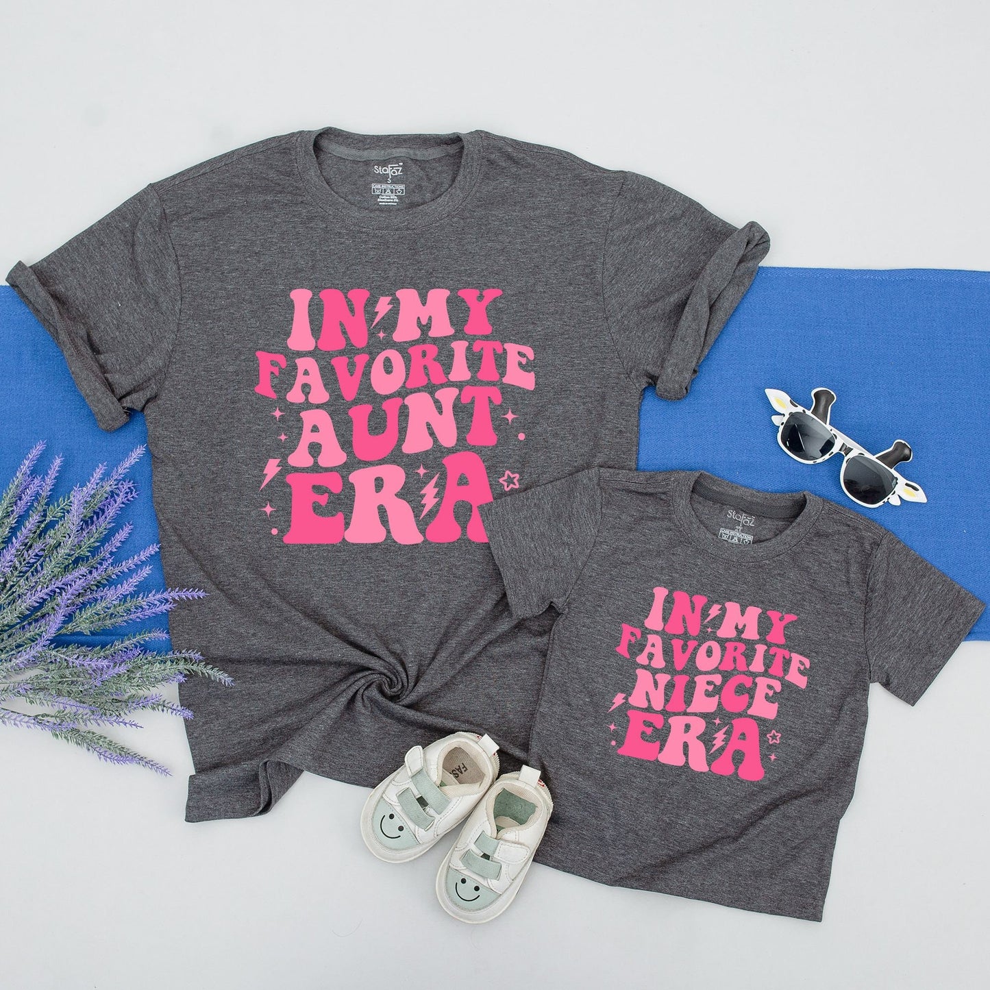 Personalized Matching Aunt Niece Shirts In My Favorite Era Retro Pink Bubble Lettering Whimsical Stars Lightning Bolt Design Bestie Gift for Aunt