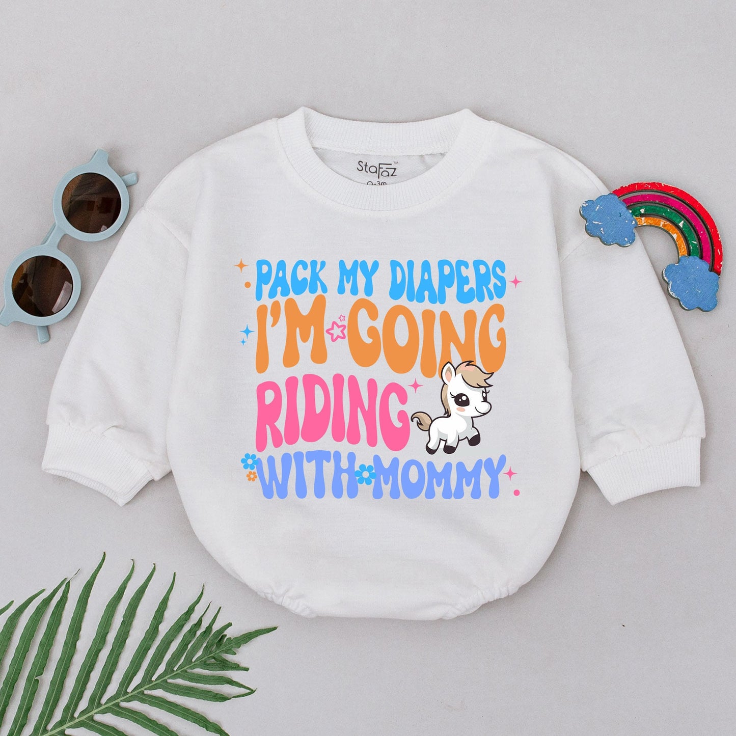 Pack My Diapers Riding With Mommy Baby Romper, Horseback Riding Outfit, Newborn Gift, Girl Equestrian Design, Pink, Blue, Orange, Flower Accents (139)