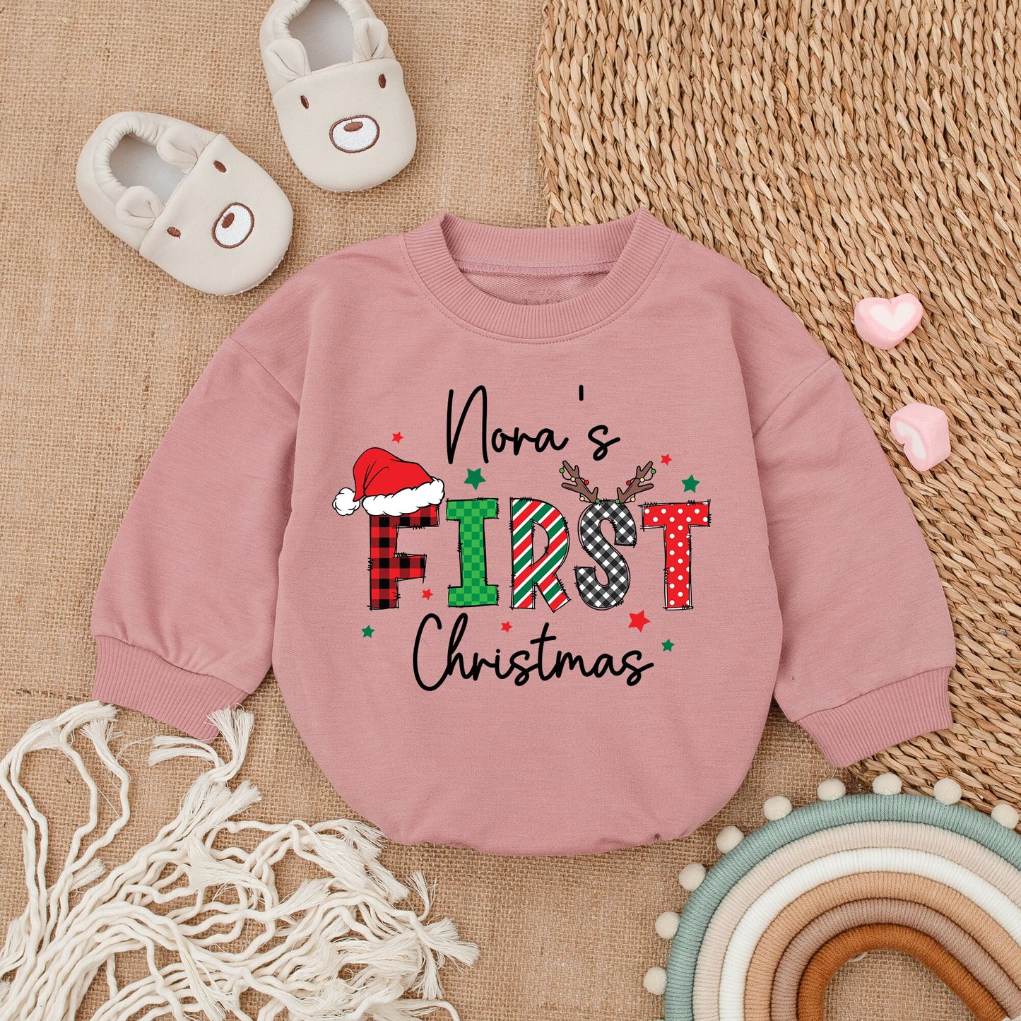 Custom My First Christmas Baby Romper Playful Plaid Striped Oversized Long Sleeve Bodysuit Red Green Cozy Newborn Girl Outfit