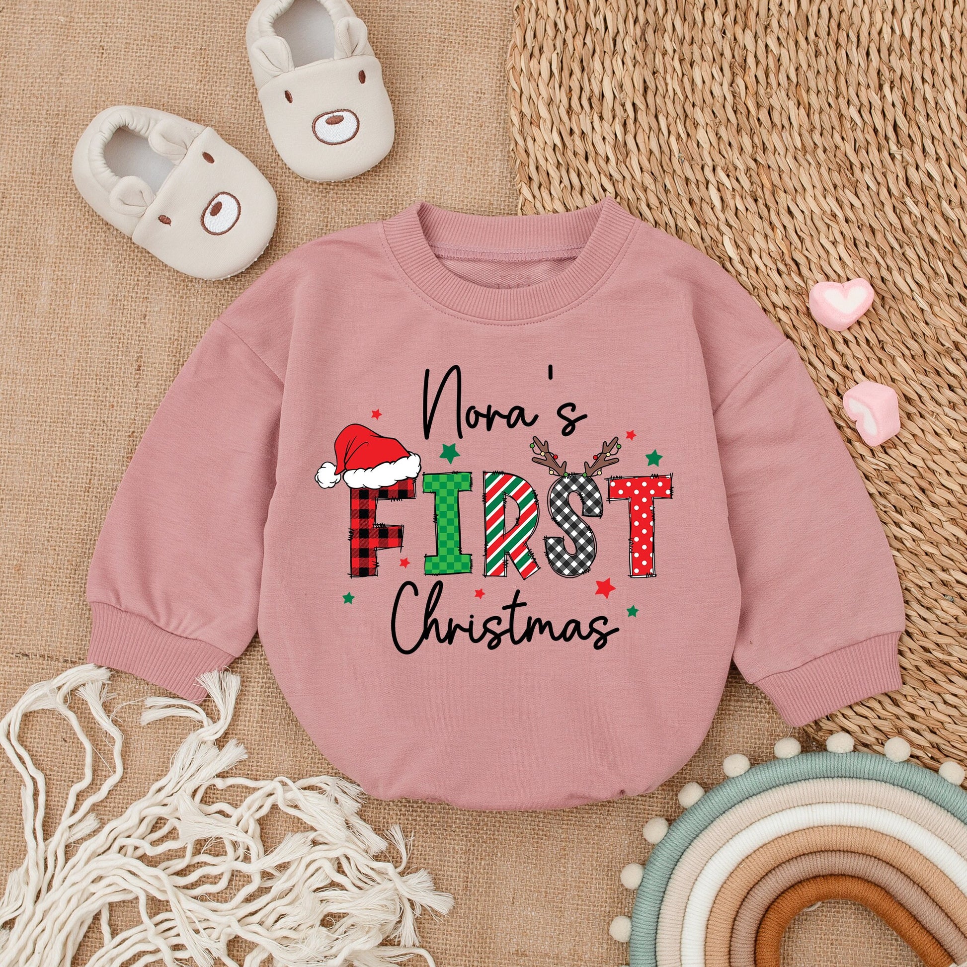 Custom My First Christmas Baby Romper Playful Plaid Striped Oversized Long Sleeve Bodysuit Red Green Cozy Newborn Girl Outfit
