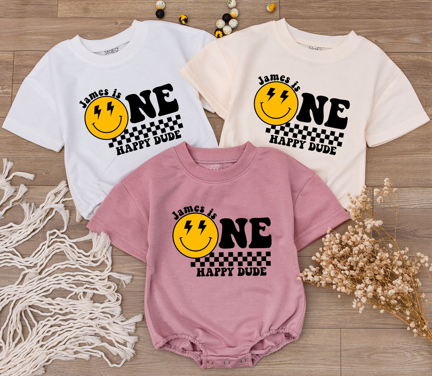 James/Lyla is ONE Happy Dude Birthday Bodysuit Yellow Smiley Face Lightning Eyes Checkerboard Retro Vintage Baby Clothes First Birthday Gift
