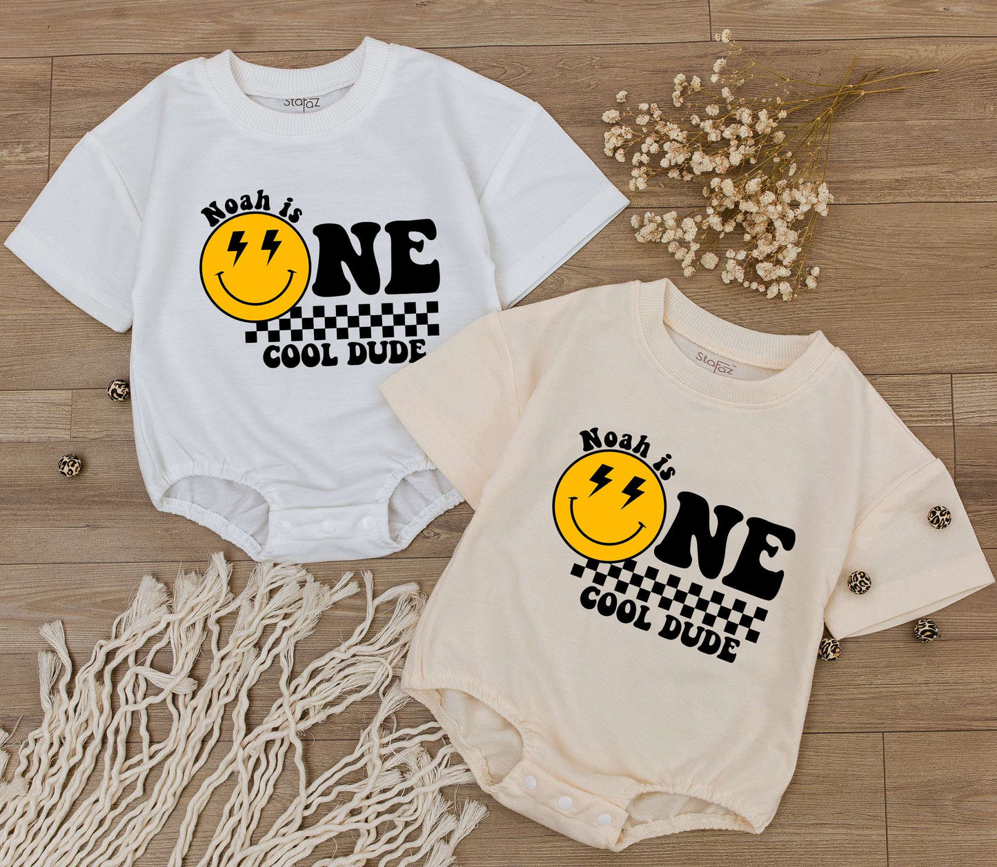 Custom One Cool Dude 1st Birthday Bodysuit Smiley Face Retro Design Outfit for Toddler Boy Celebration Gift with Lightning Bolts