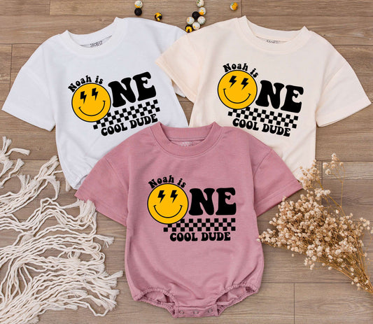 Custom One Cool Dude 1st Birthday Bodysuit Smiley Face Retro Design Outfit for Toddler Boy Celebration Gift with Lightning Bolts