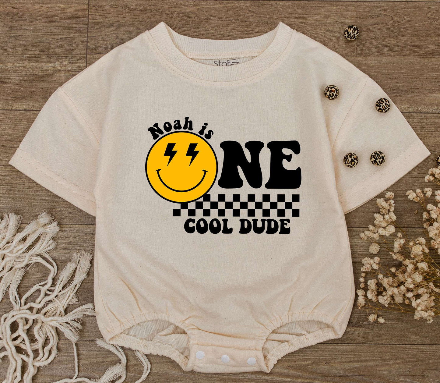 Custom One Cool Dude 1st Birthday Bodysuit Smiley Face Retro Design Outfit for Toddler Boy Celebration Gift with Lightning Bolts