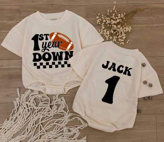 Personalized Football 1st Year Down Retro Checkered Baby Boy First Birthday Bodysuit for Family Matching Game Day Outfit with Child's Name