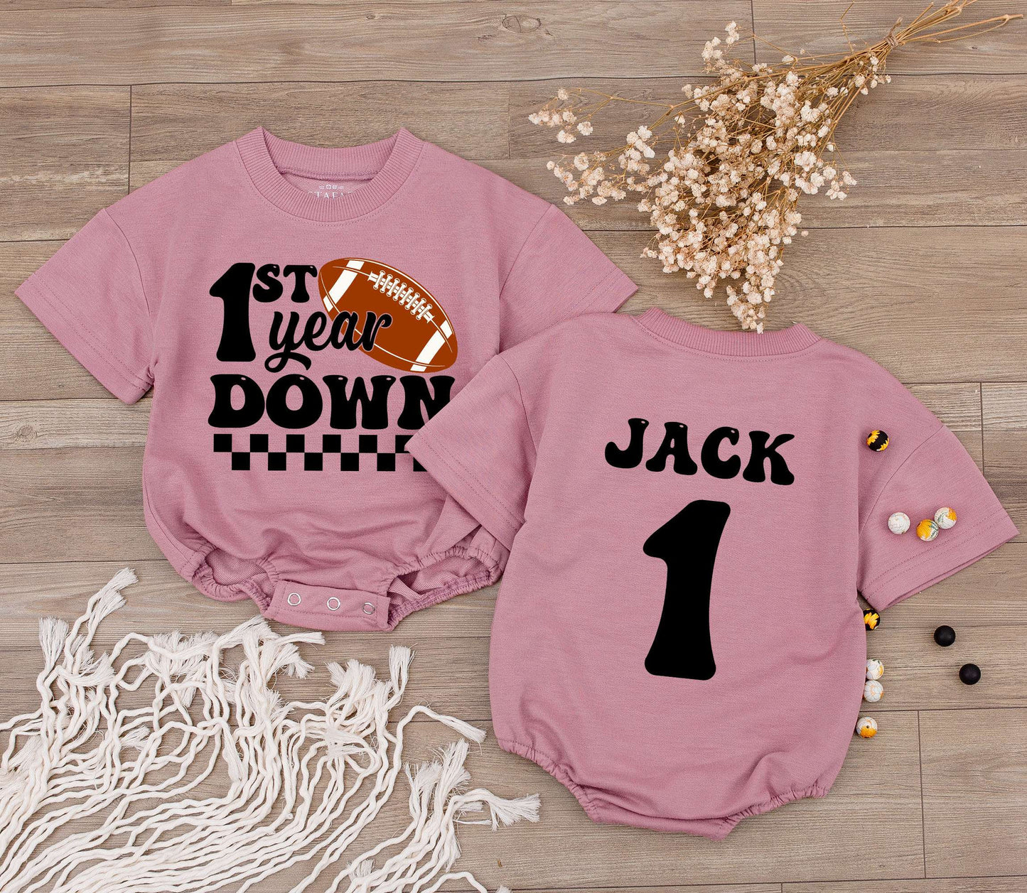 Personalized Football 1st Year Down Retro Checkered Baby Boy First Birthday Bodysuit for Family Matching Game Day Outfit with Child's Name