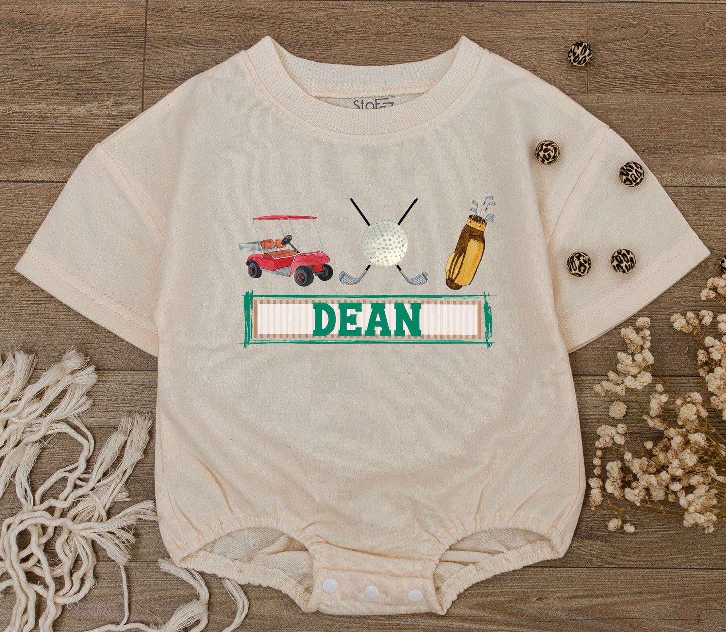 Personalized Dean Golf First Birthday Baby Romper Outfit with Cartoon Red Golf Cart, Green Name Boy Girl Bodysuit Hole in One Party