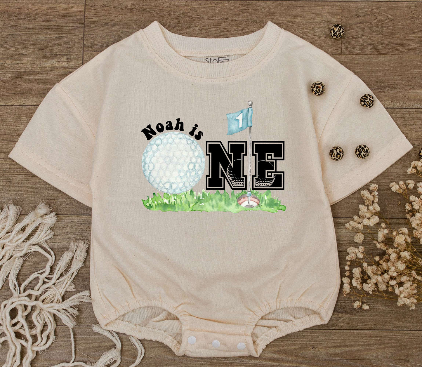Personalized Golf Hole in One First Birthday Romper for Baby Boy Girl Playful Watercolor Golf Ball Flag One Outfit Custom Name