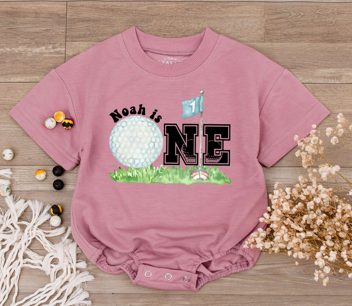 Personalized Golf Hole in One First Birthday Romper for Baby Boy Girl Playful Watercolor Golf Ball Flag One Outfit Custom Name