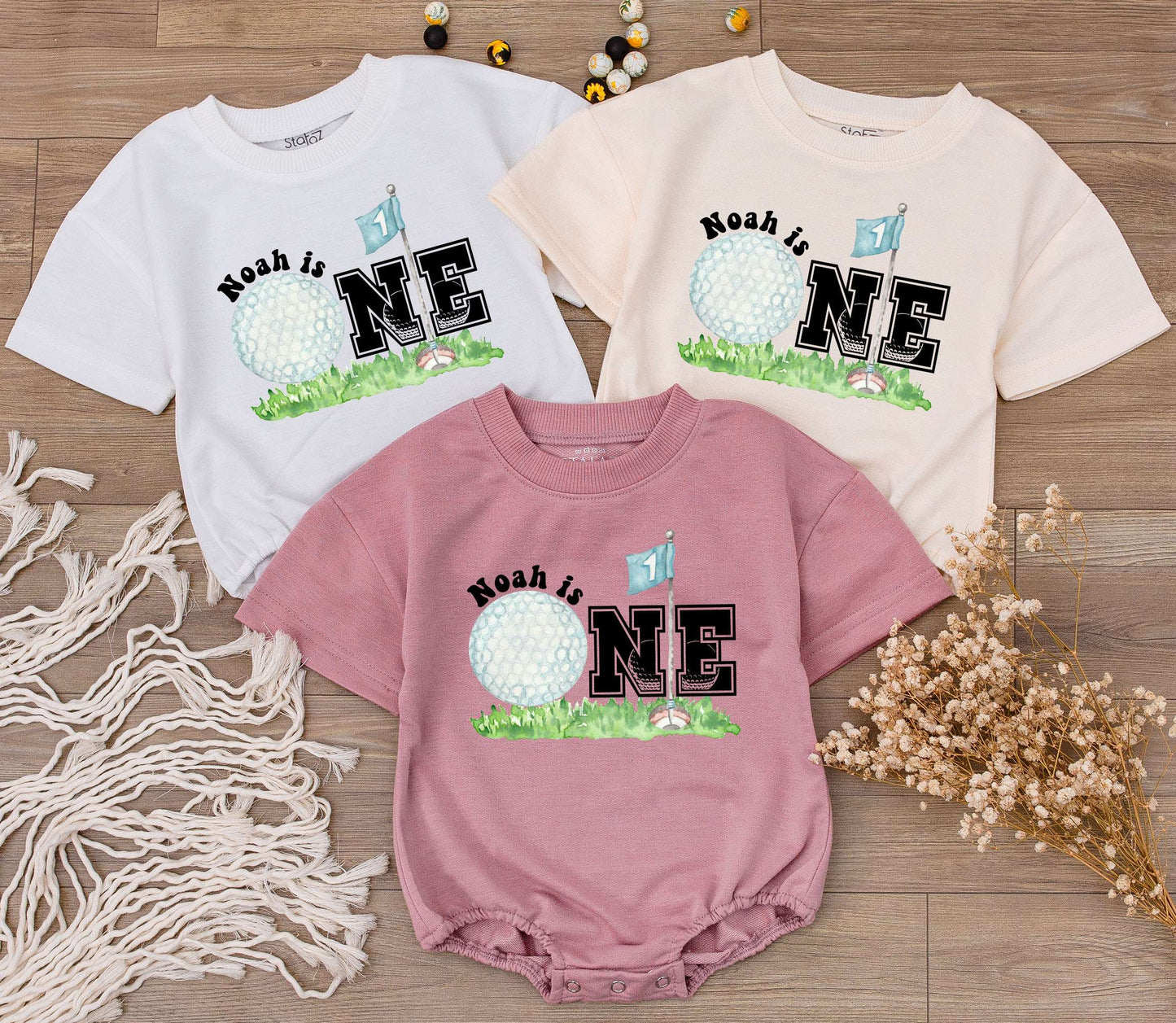 Personalized Golf Hole in One First Birthday Romper for Baby Boy Girl Playful Watercolor Golf Ball Flag One Outfit Custom Name