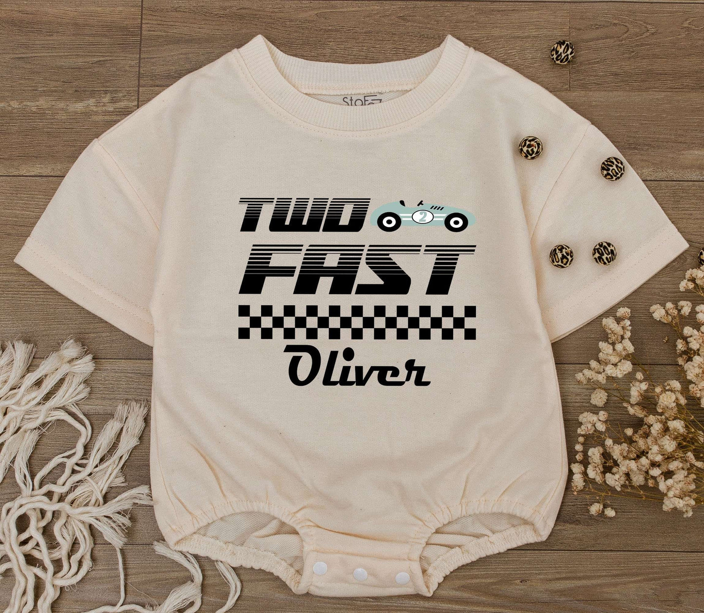 Custom Two Fast Race Car Birthday Baby Boy Romper with Personalized Name Cute Racecar Party Bodysuit Modern Checkered Jumpsuit Kids Outfit