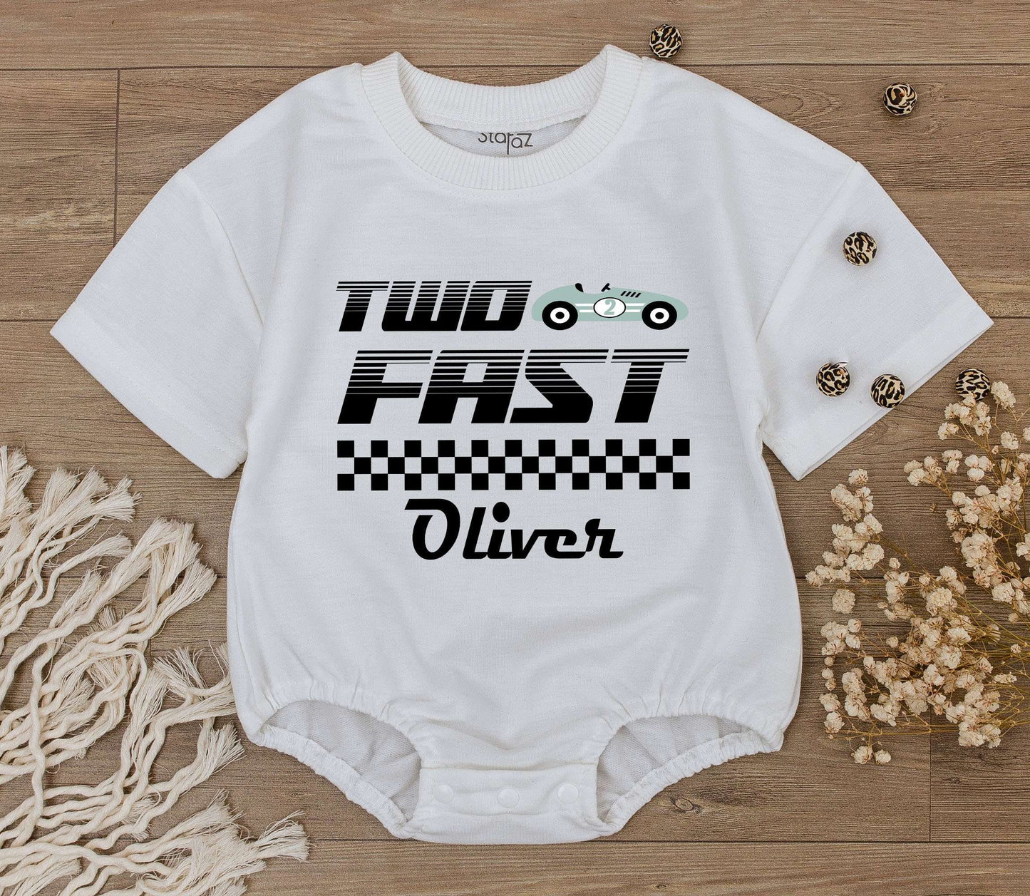 Custom Two Fast Race Car Birthday Baby Boy Romper with Personalized Name Cute Racecar Party Bodysuit Modern Checkered Jumpsuit Kids Outfit