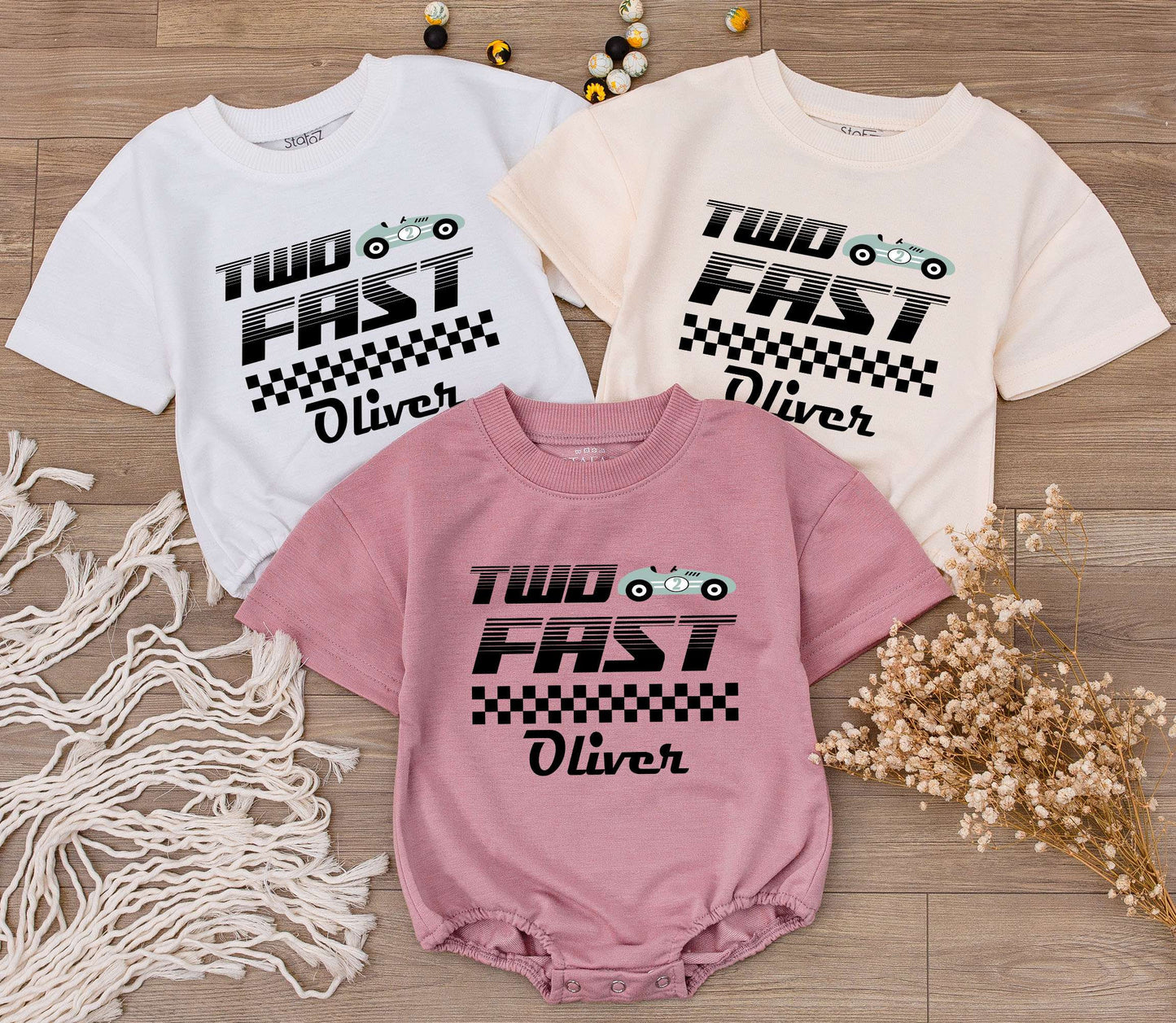 Custom Two Fast Race Car Birthday Baby Boy Romper with Personalized Name Cute Racecar Party Bodysuit Modern Checkered Jumpsuit Kids Outfit