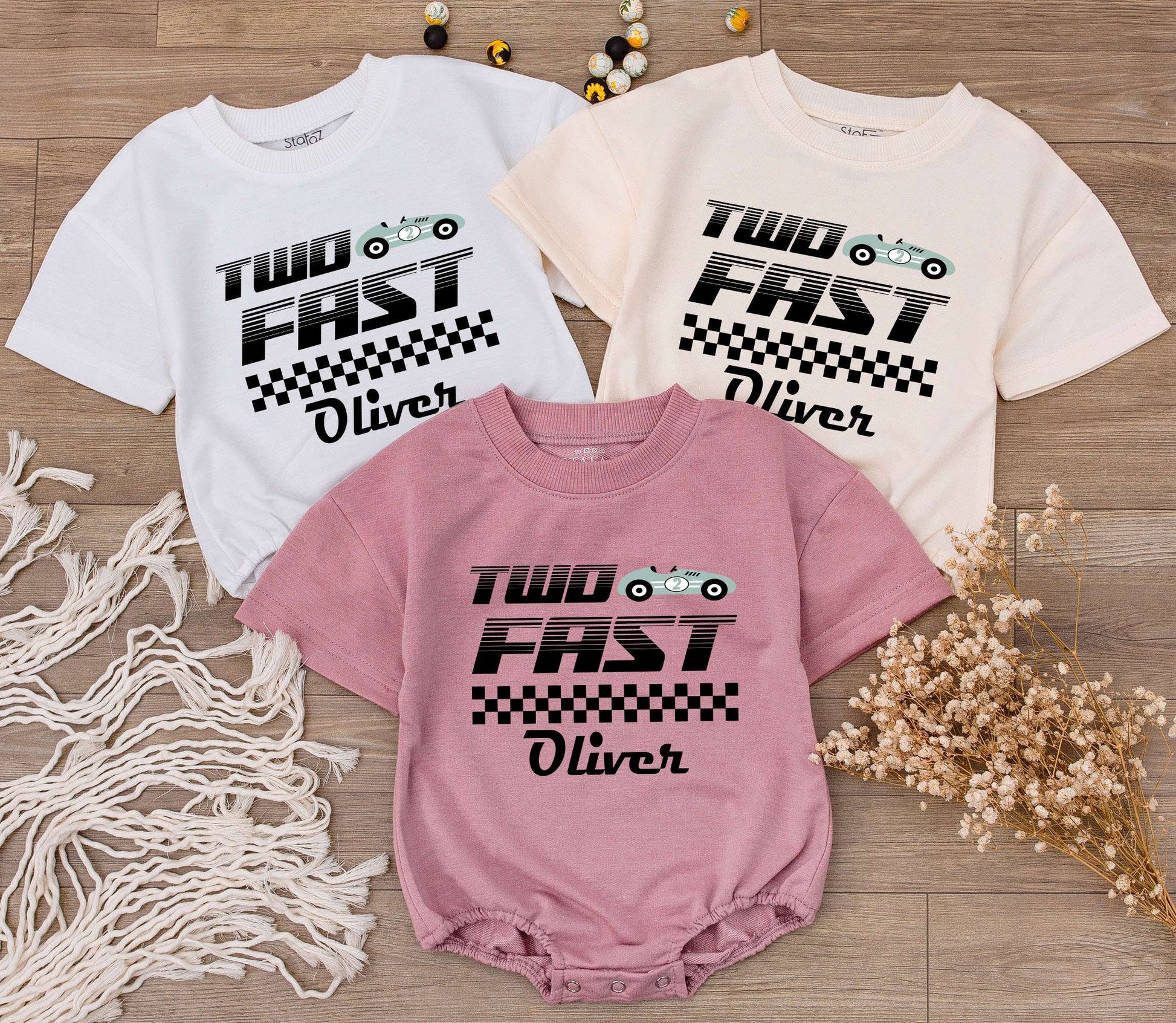 Custom Two Fast Race Car Birthday Baby Boy Romper with Personalized Name Cute Racecar Party Bodysuit Modern Checkered Jumpsuit Kids Outfit