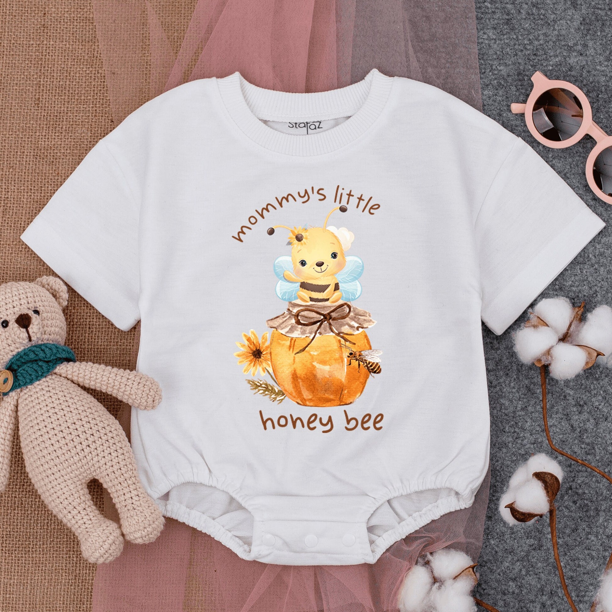 Mommy's Little Honey Bee Short-Sleeve Romper Cute Baby Outfit featuring Cartoon Bumble Bee on Honey Jar and Flower Graphics