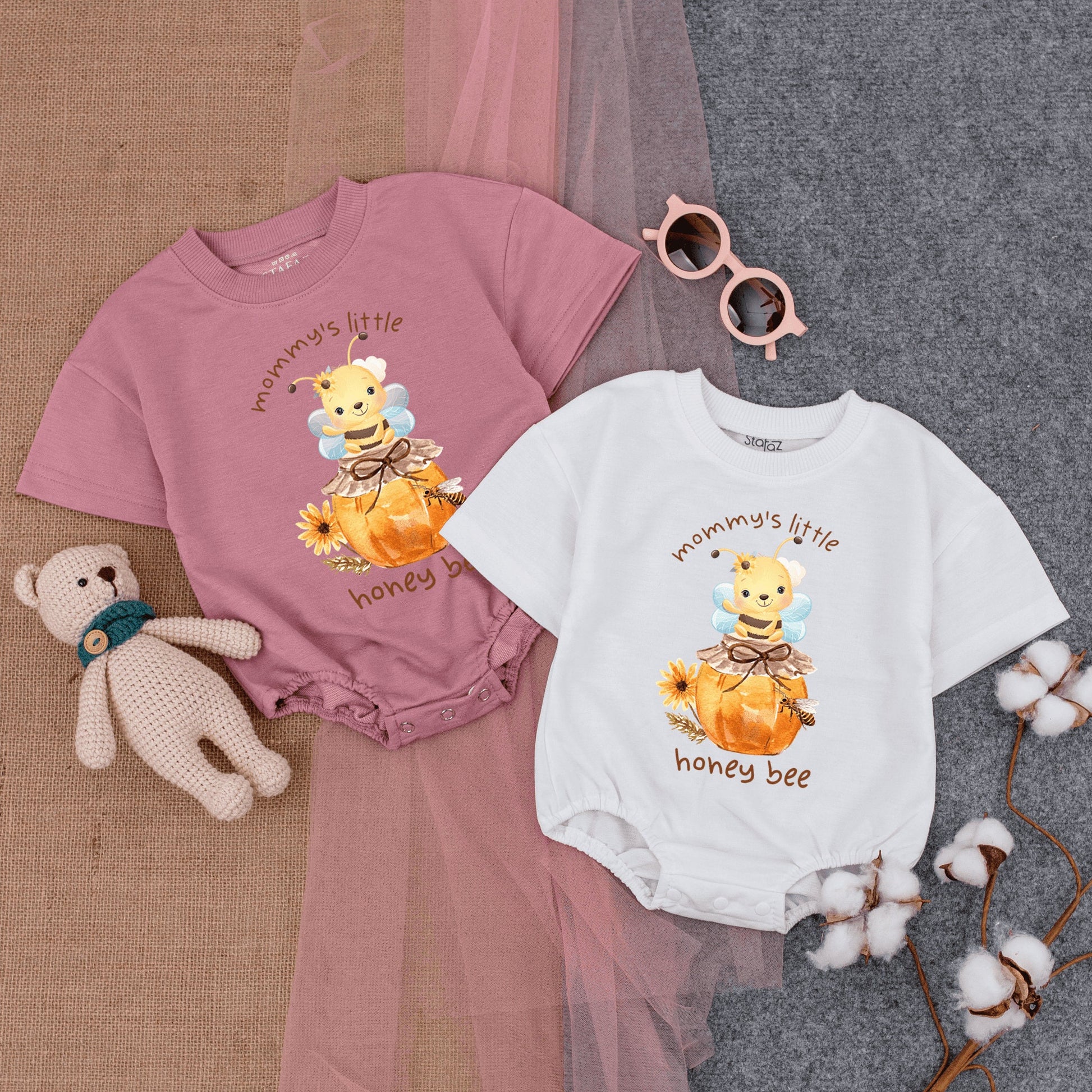 Mommy's Little Honey Bee Short-Sleeve Romper Cute Baby Outfit featuring Cartoon Bumble Bee on Honey Jar and Flower Graphics