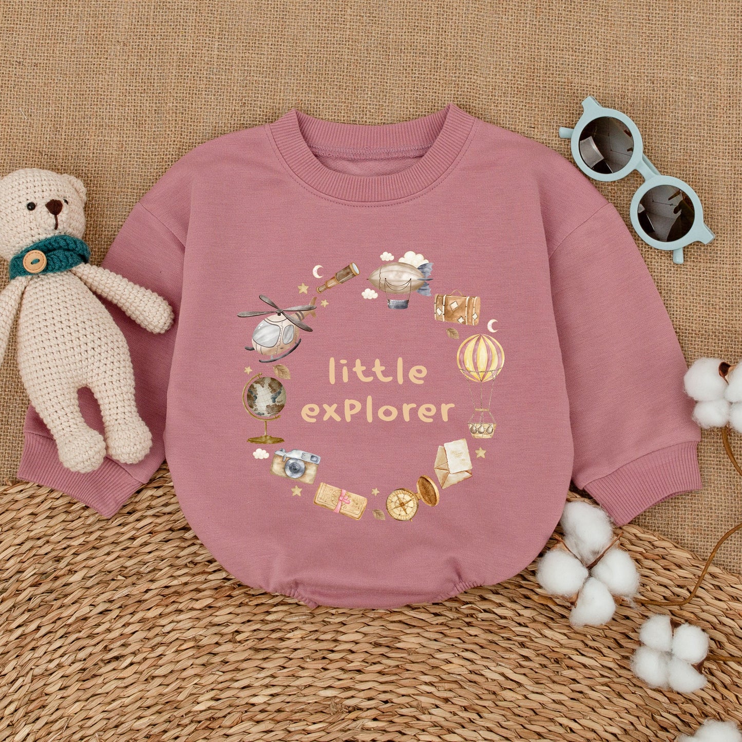 Little Explorer Baby Bodysuit Vintage Adventure Romper Whimsical Hot Air Balloon Globe Outfit Soft Pastel Baby Shower Gift