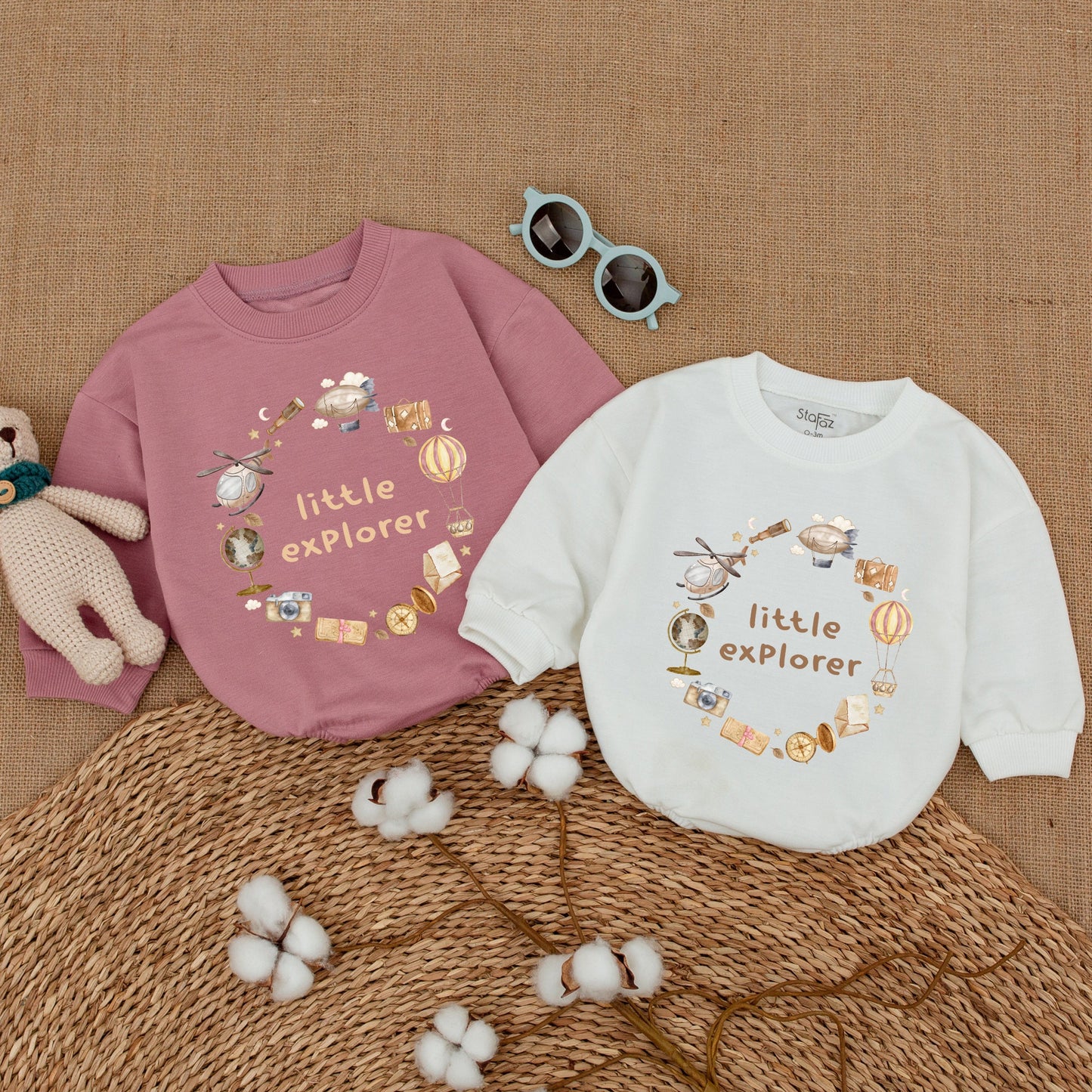 Little Explorer Baby Bodysuit Vintage Adventure Romper Whimsical Hot Air Balloon Globe Outfit Soft Pastel Baby Shower Gift