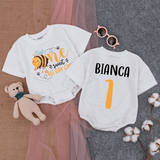 Personalized One Sweet BEE-DAY GIRL Romper First Birthday Bumble Bee Outfit with Name and First Number Cute Honey Bee Baby Bodysuit