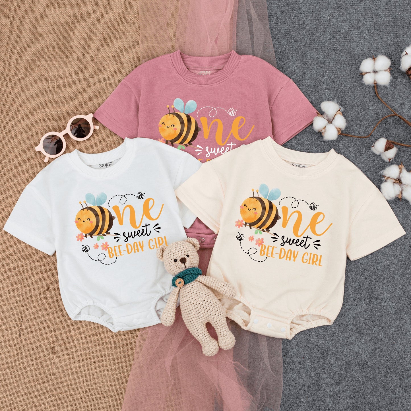 Personalized One Sweet BEE-DAY GIRL Romper First Birthday Bumble Bee Outfit with Name and First Number Cute Honey Bee Baby Bodysuit