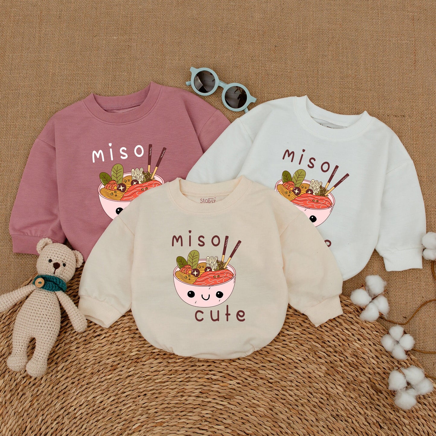 Miso Cute Kawaii Miso Soup Baby Bubble Romper Newborn Outfit Gender Neutral Playful Bodysuit with Noodles Seaweed Chopsticks Colorful Cartoon Style