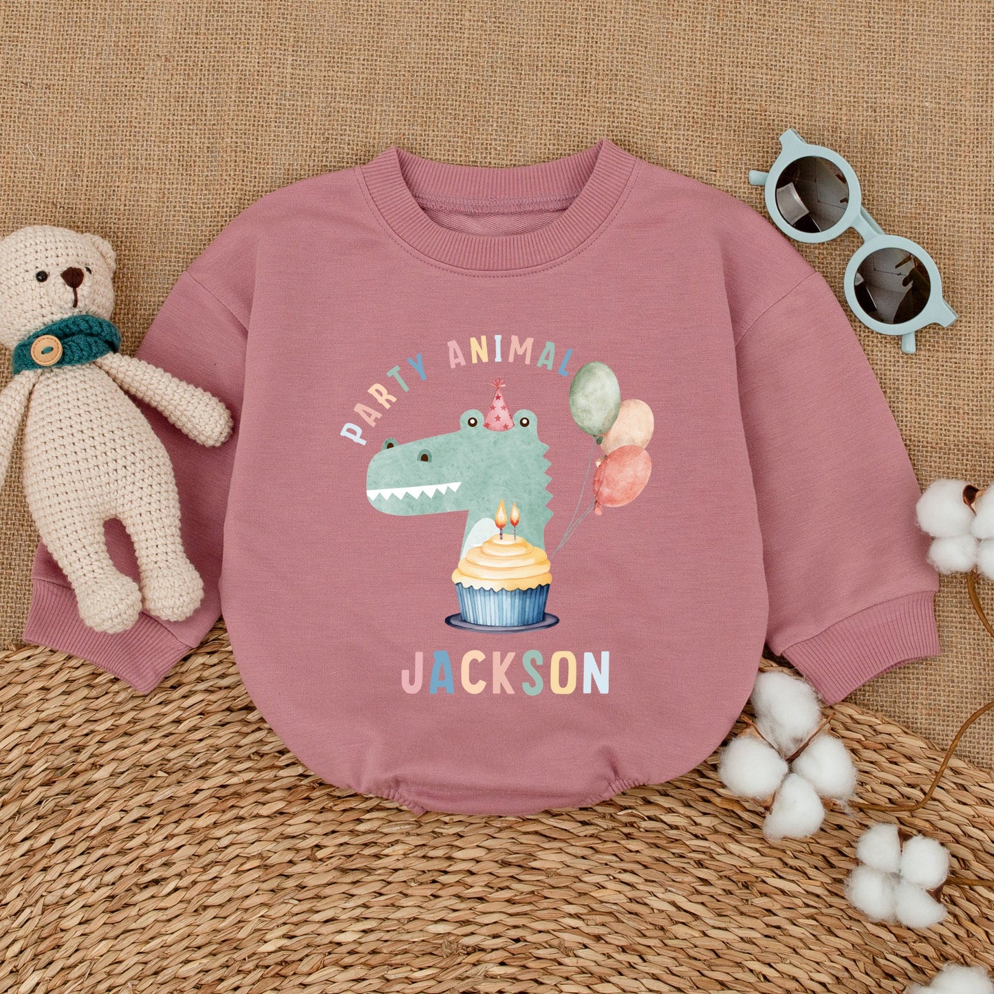 Personalized Party Animal Birthday Romper Baby Boy Crocodile Cake Smash Outfit Safari Zoo Animals Bodysuit Pastel Cartoon Design First Birthday Gift