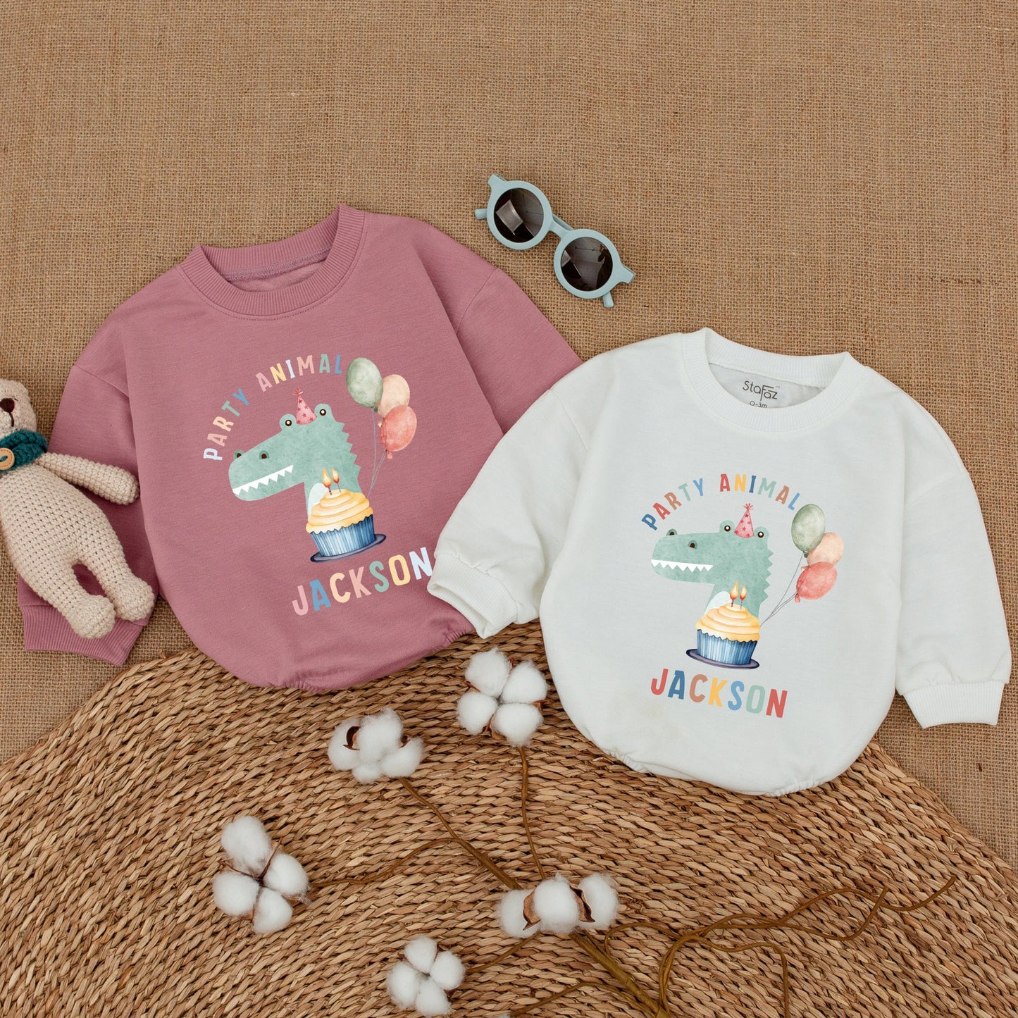 Personalized Party Animal Birthday Romper Baby Boy Crocodile Cake Smash Outfit Safari Zoo Animals Bodysuit Pastel Cartoon Design First Birthday Gift