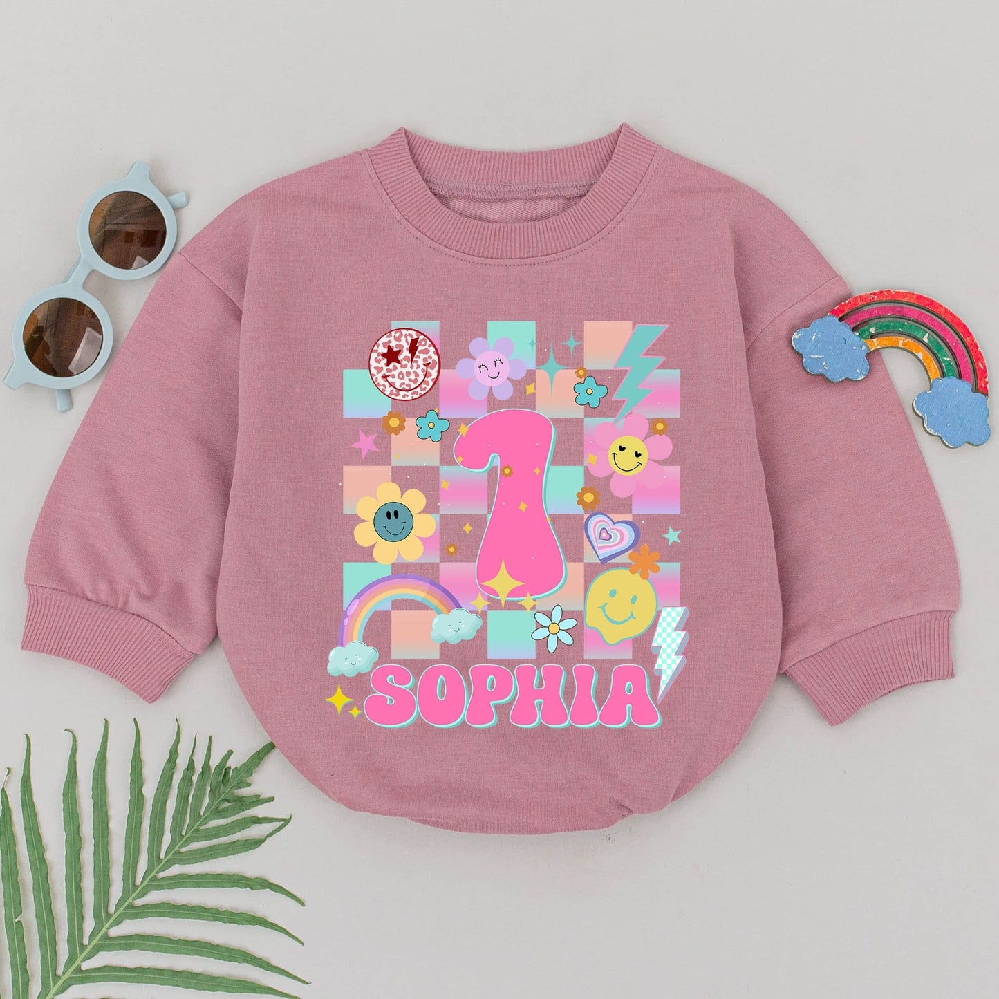 Personalized Groovy First Birthday Romper Baby Girl Outfit with Pink 1 and Sophia Name Checkerboard Retro Rainbow Smiley Bubble Bodysuit Gift