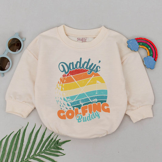 Retro Daddy's Golfing Buddy Romper Vintage 70s Golf Theme Baby Boy Bodysuit Rainbow Striped Distressed Design Father's Day Outfit Future Golfer Gift