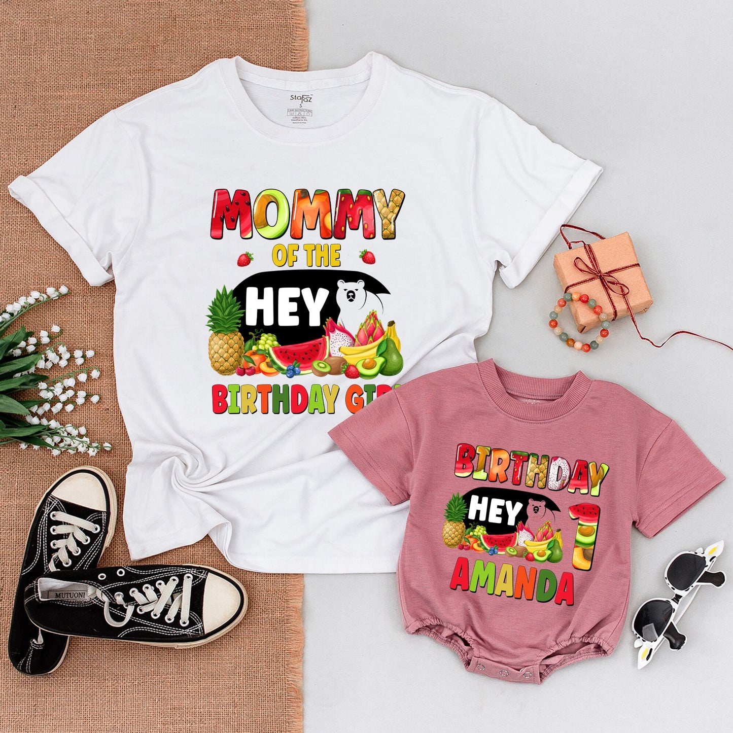 Personalized Family Matching Birthday Outfits Tropical Fruit Bear Hey Design Watermelon Pineapple Banana Party Celebration